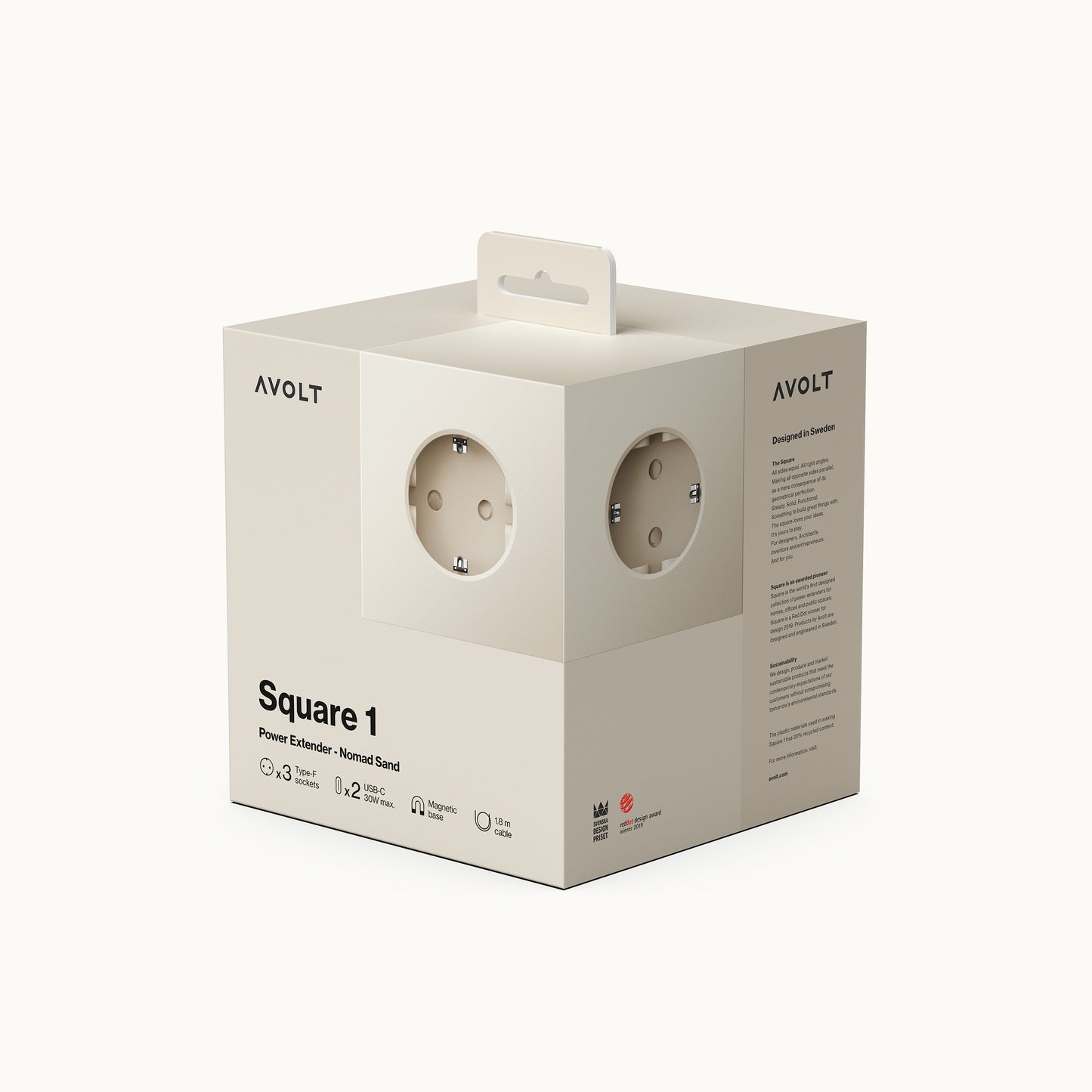 Square 1 | Design Mehrfachsteckdose mit Kabel & USB-C in Nomad Sand von AVOLT