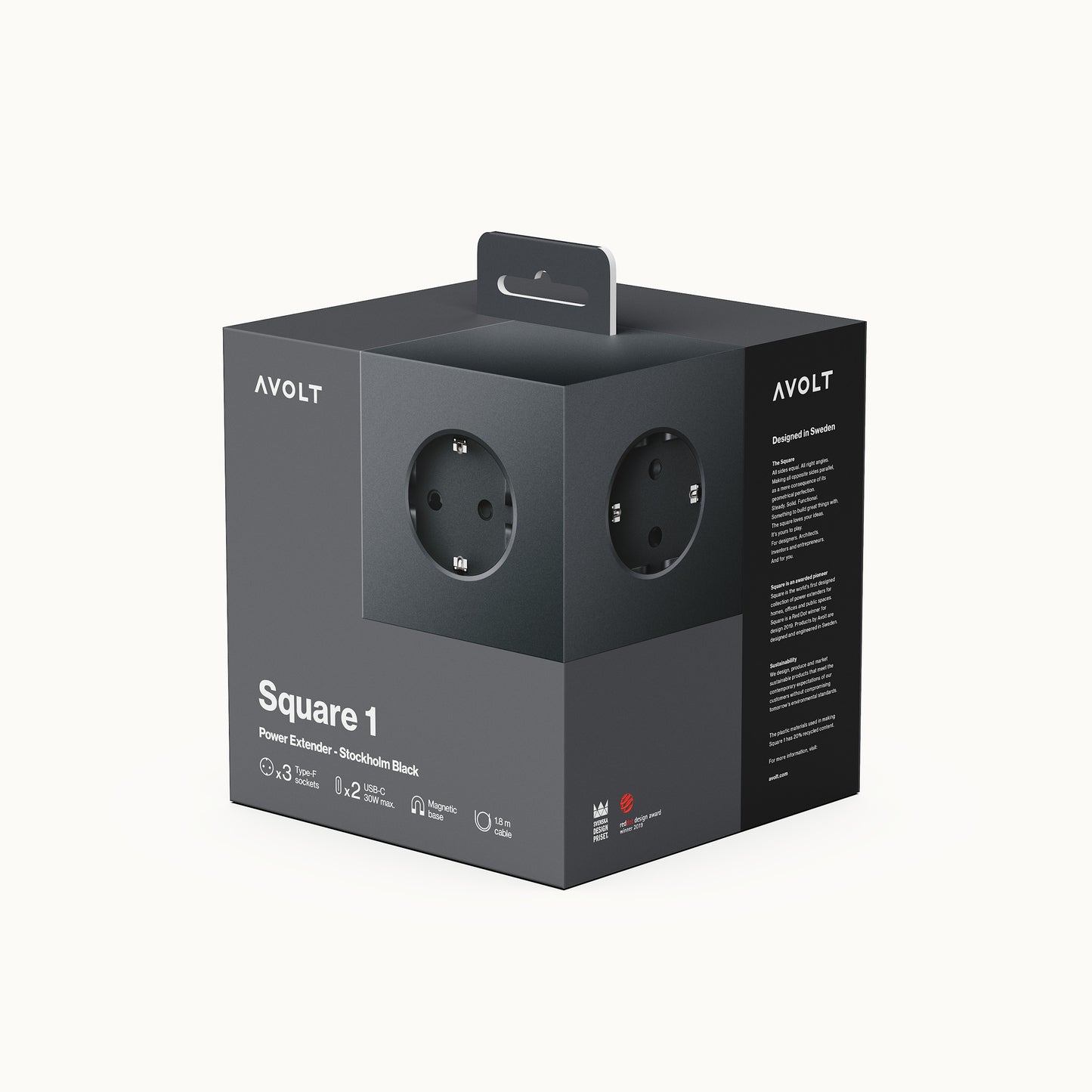 Square 1 | Design Mehrfachsteckdose mit Kabel & USB-C in Stockholm Black von AVOLT