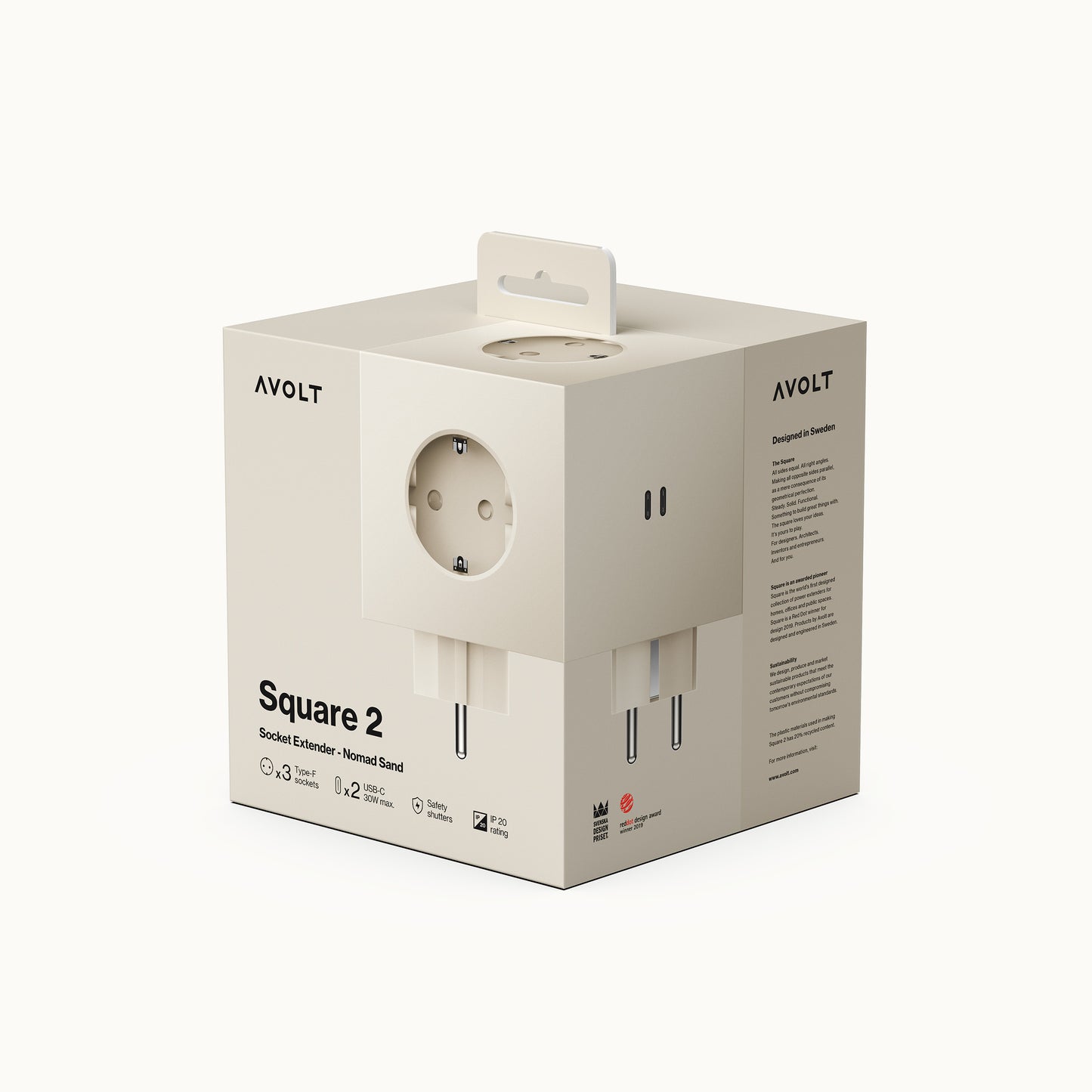 Square 2 | Design Mehrfachsteckdose für die Wand & USB-C in Nomad Sand von AVOLT