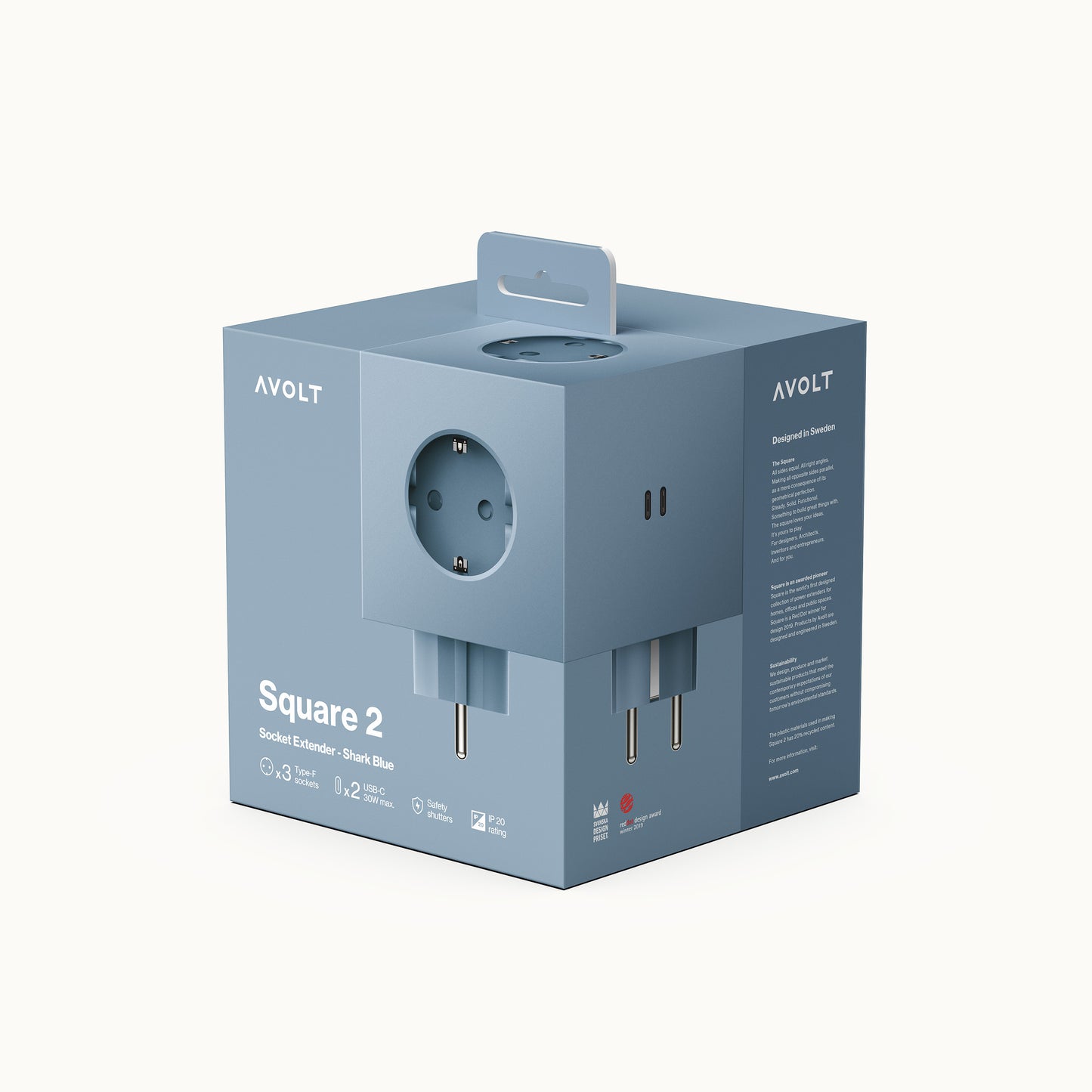 Square 2 | Design Mehrfachsteckdose für die Wand & USB-C in Shark Blue von AVOLT