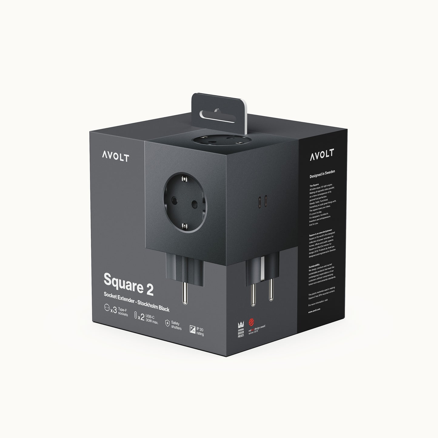 Square 2 | Design Mehrfachsteckdose für die Wand & USB-C in Stockholm Black von AVOLT