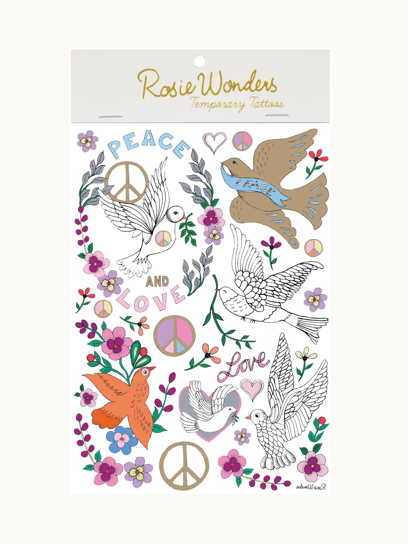 Temporäre Tattoos Peace & Love | Handgezeichnet von Rosie Wonders